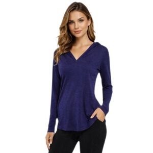 Danskin Now Bluish-Purple Lightweight Hooded V-Neck Top, S